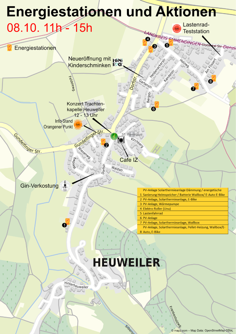 Energiestationen und Lastenräder beim Dorfflohmarkt in Heuweiler